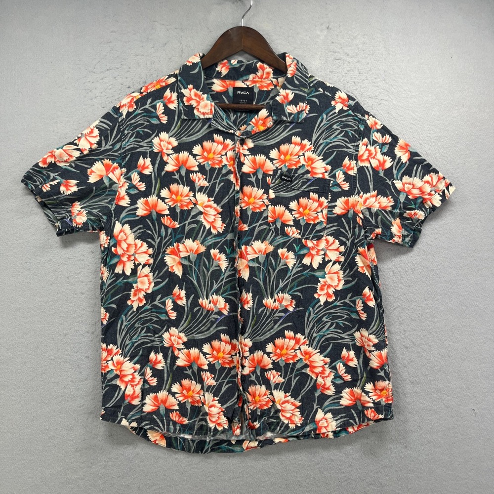 RVCA Hawaiian Shirt Mens Large Black Floral Easy Fit Linen Aloha Tropical Resort